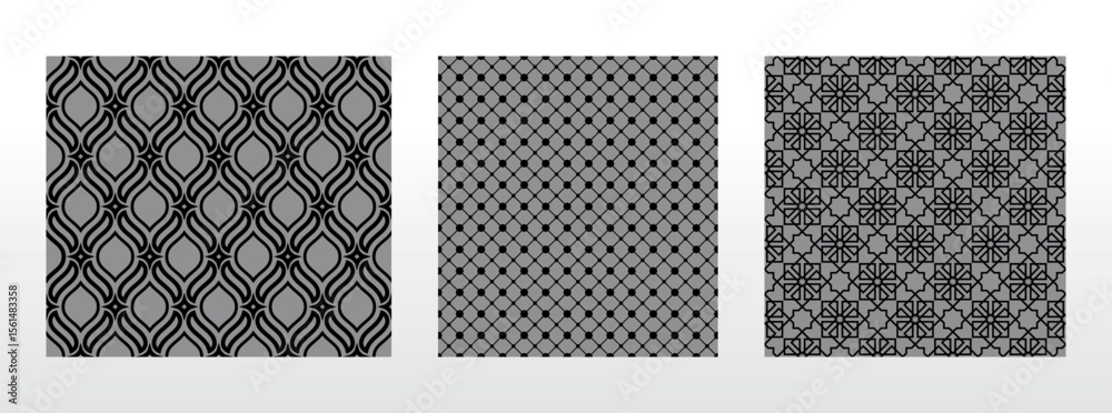 Poster Geometric set of seamless black and gray patterns. Simple vector graphics