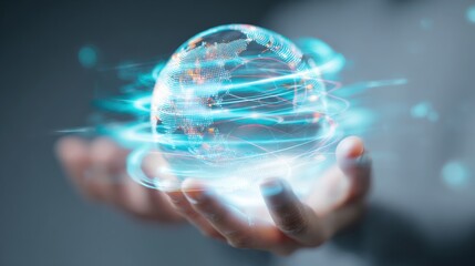 Futuristic digital globe with glowing network connections and holographic effects.
