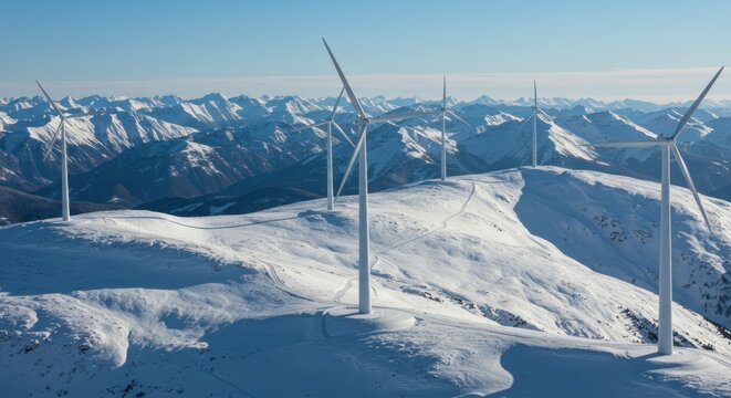 Wind Turbines Against Snowy Mountains: A Vision of Sustainable Energy in a Winter Landscape - Powered by Adobe