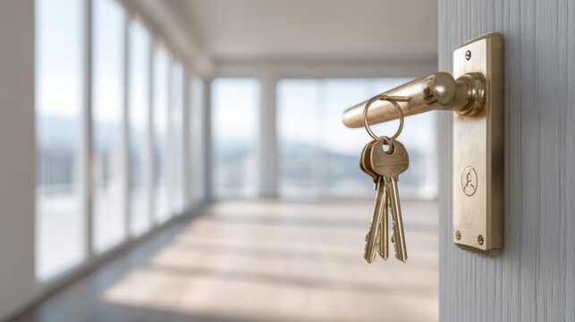 Modern door lock with keys on a white door in a bright room with large windows.