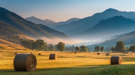 Scenic mountain landscape with rolling hills fields hay bales and misty morning light.
