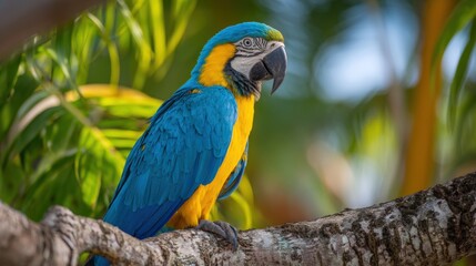 Obraz premium Vibrant Blue and Yellow Macaw Parrot Perched on Tree Branch in Tropical Jungle Scene.