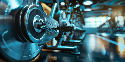 Fototapeta premium A row of stationary exercise bikes in a modern gym, ready for a workout session