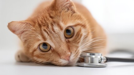 Close-up of an adorable orange tabby cat lying on a white surface with a stethoscope.