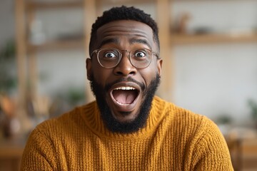 Close up photo happy surprised excited face miracle good news amazing rejoice saying wow African American ethnic man open mouth wide surprise male at home insurance loan owner achieve success 