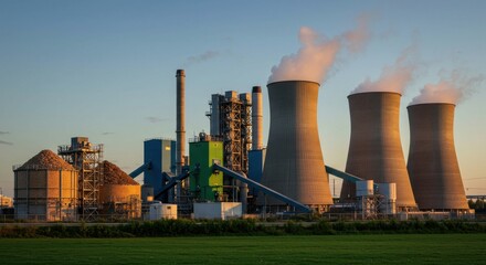 Industrial landscape with power plant, silos and green field under a vibrant sky