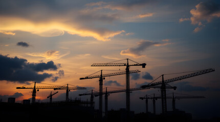 Construction cranes dominating the skyline during a vibrant sunset