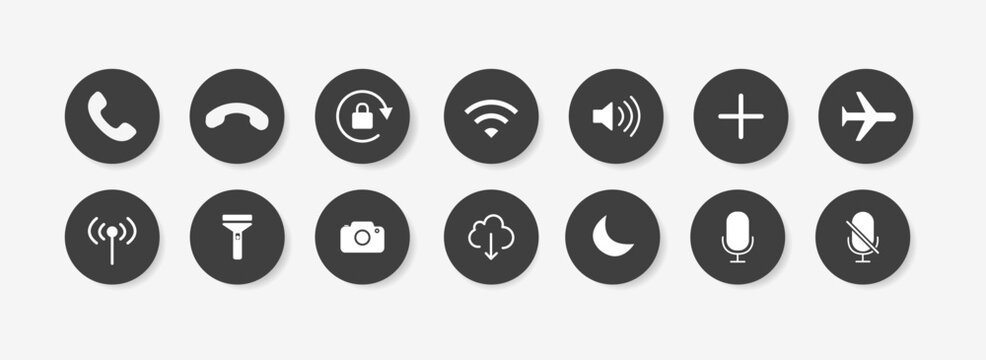 Minimalist vector icon set with round black UI buttons: phone, sound, airplane mode, lock, mic, flashlight, and more. Ideal for app, UX and UI, dashboard or mobile interfaces.