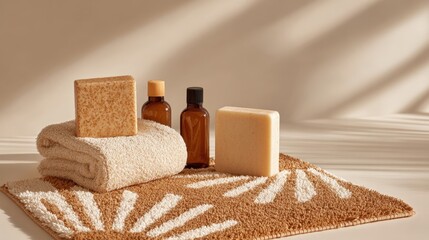Spa and bathroom accessories with towels soap herbal bottles and mat on beige background.
