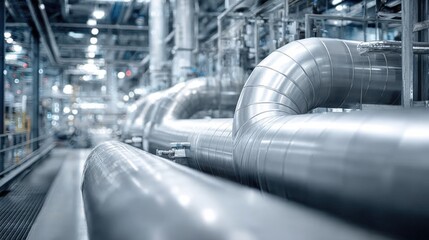 Industrial piping system with metal ducts in a large factory or plant environment.