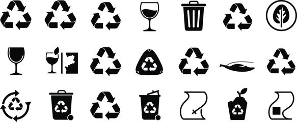 A collection of various recycling and environmental icons in black and white.