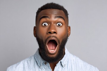 Close up photo happy surprised excited face miracle good news amazing rejoice saying wow African American ethnic man open mouth wide surprise male at home insurance loan owner achieve success 