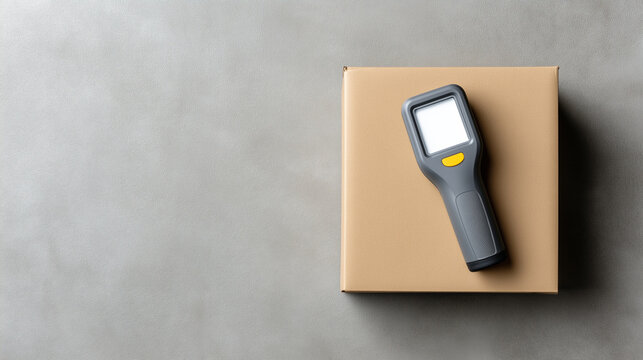 Portable barcode scanner resting on cardboard box, representing streamlined inventory tracking and efficient logistics within warehouse operations