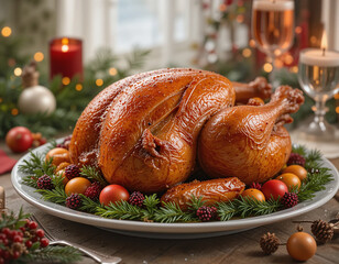 Realistic image of traditional roasted Christmas turkey served with festive decorations, evoking warm holiday spirit and family dinner atmosphere