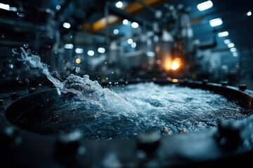Industrial water process showcasing dynamic splashes and illuminated factory background