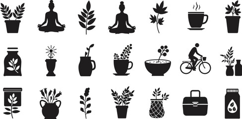 Collection of various silhouettes depicting plants, yoga, cycling, and beverages.