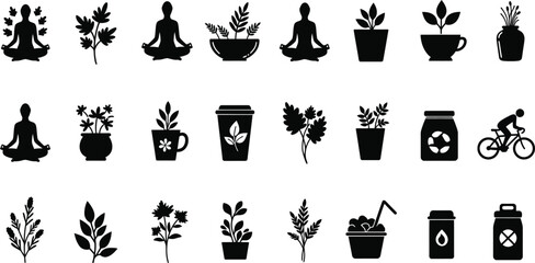 A collection of black and white icons featuring yoga poses, plants, and sustainable living elements.