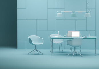 Business teamwork concept on pastel blue background. Employee working on computer. There are desktops on the tables. Creative interior design. 3d render	