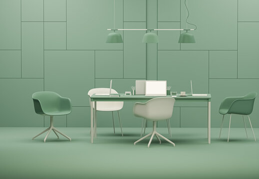 Business teamwork concept on green background. Employee working on computer. There are desktops on the tables. Creative interior design. 3d render	