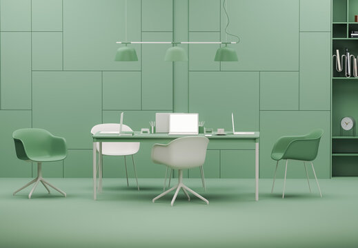 Business teamwork concept on green background. Employee working on computer. There are desktops on the tables. Creative interior design. 3d render	