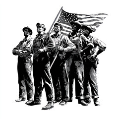 workers with flag of american