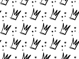 Doodle seamless pattern with hand drawn black sketch elements, Includes playful crowns and dots on white background. Crayon style texture with a fun, artistic vibe. Perfect for kids products