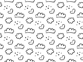 Doodle seamless pattern with hand drawn black sketch elements, Includes playful clouds, hearts, dots on white background. Crayon style texture with a fun, artistic vibe. Perfect for kids products