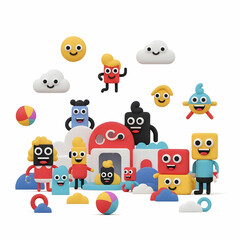 Fototapeta premium Playful cartoon figurines with colorful toys and clouds on a white background