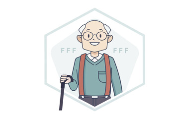 Happy Senior Citizen: A cheerful elderly man with glasses and suspenders smiles warmly, holding a walking cane.  He exudes wisdom and contentment.