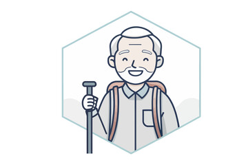 Senior Hiker: A cheerful senior figure with a backpack and walking stick embodies the spirit of adventure and active senior lifestyle, in a vector graphic.
