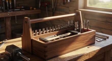 Artisanal wooden toolbox filled with various hand tools on a workbench near a window