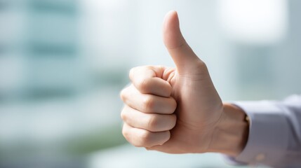 Close up of a person's hand giving a thumbs up gesture in bright office environment.