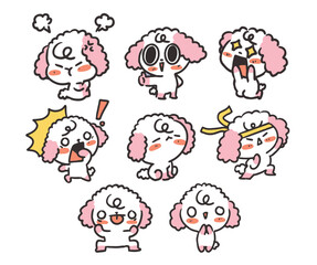 A set of seven pinkeared cartoon dogs with different expressions are arranged in a semicircle on a white background