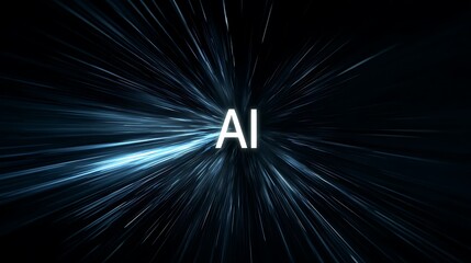 Obraz premium Bright white ai text glowing in the center of a dark background with blue light streaks