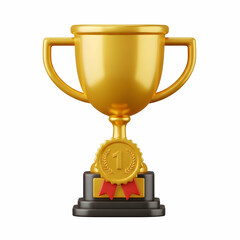 Golden trophy cup with a first-place medal and red ribbon on a black base symbolizing victory and achievement in competition
