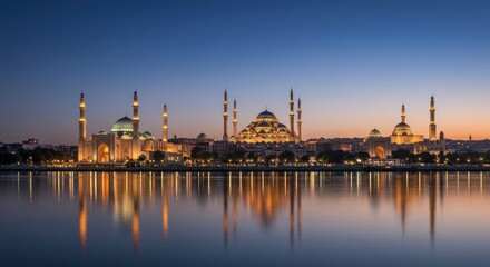 Fototapeta premium Serene twilight panorama of a city skyline featuring illuminated mosques and minarets