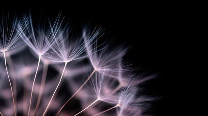 Delicate dandelion seeds gently drifting against a dark background, creating a serene atmosphere