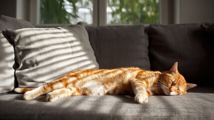 Relaxed orange tabby cat lying stretched out on a dark sofa near window with striped pillow.