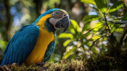 Vibrant blue yellow macaw parrot perched on mossy tree branch in lush jungle scene.