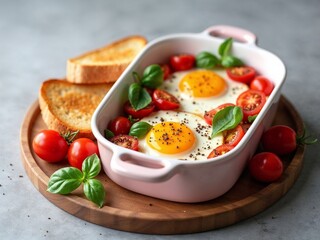 Frische Spiegeleier mit Tomaten und Basilikum in Backform serviert mit gerösteten Brotscheiben