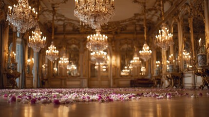 Luxurious grand ballroom decorated with hundreds of floating pink rose petals and ornate chandeliers.