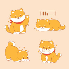 Four cartoon Shiba Inu dogs in various poses against a beige background