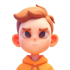 Fototapeta premium 3D rendered illustration of a boy with an annoyed expression, wearing an orange hoodie. Ideal for character - design projects, animations, or digital content creation.