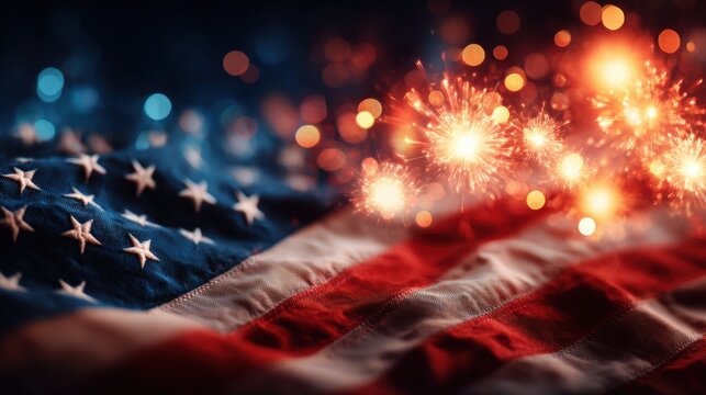 Vibrant patriotic celebration with glowing fireworks brightening American flag background.