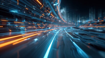 Futuristic digital cityscape with fast moving light trails and glowing technology.