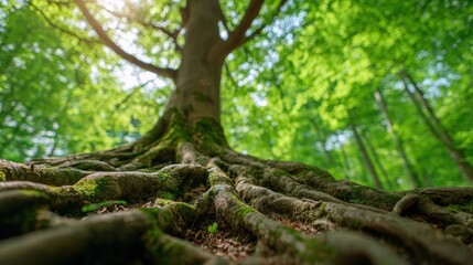 Fototapeta premium Majestic large tree with extensive roots and lush green leafy forest background.