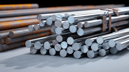 Close-up of a pile of metal rods stacked together on a industrial worksite.