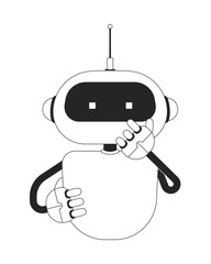 Curious robot holding chin in thought 2D line character. Artificial intelligence, problem-solving. Robotic technology isolated vector ink outline personage. Monochromatic spot illustration