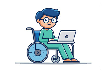 Fototapeta premium Digital Accessibility: A charming illustration depicts a person with a disability, comfortably seated in a wheelchair, engrossed in their laptop. conveying inclusion and empowerment.