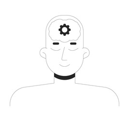 Human mind with brain gear symbol 2D line character. Thinking head, creativity, mental processing in artificial intelligence isolated vector ink outline person. Monochromatic spot illustration